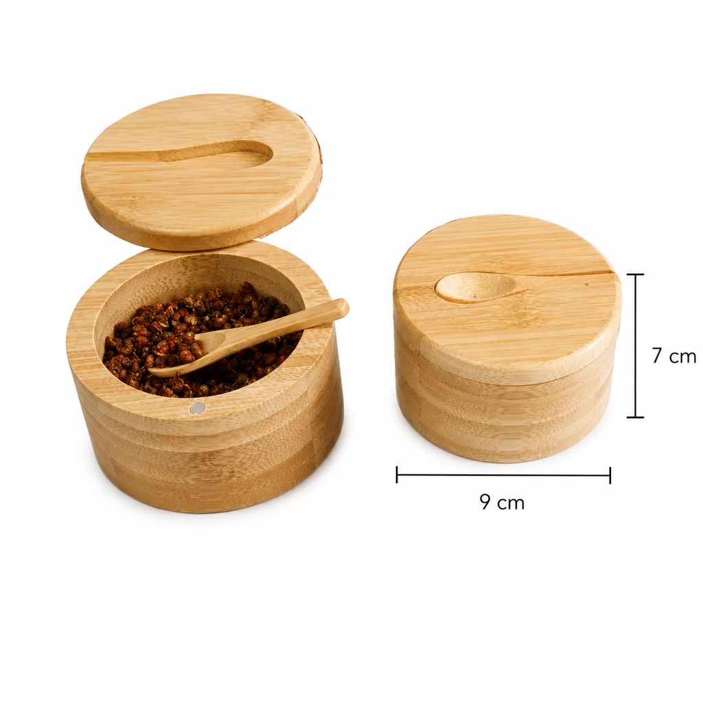 Pot à épices et sel en bambou avec cuillère intégrée